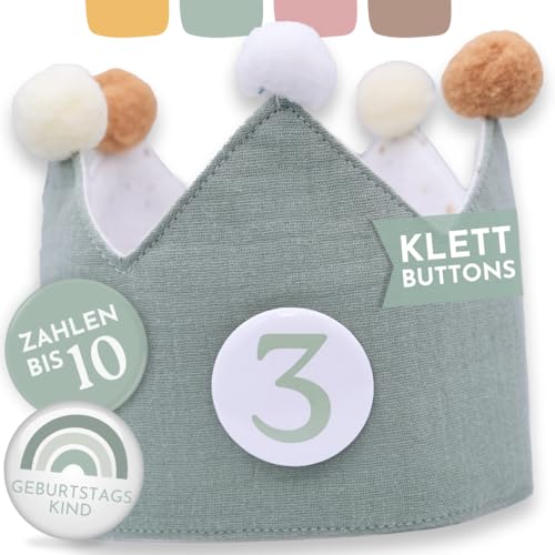 BJORKI® Geburtstagskrone Mädchen & Junge aus Musselin – Klett-Buttons mit Zahlen von 1-10 – Wendbare Krone Geburtstag Mädchen, Krone Geburtstag Junge, Krone Kindergeburtstag, Geburtstag Krone (Mint) von BJORKI