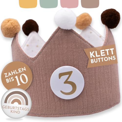 BJORKI® Geburtstagskrone Mädchen & Junge aus Musselin – Klett-Buttons mit Zahlen von 1-10 – Wendbare Krone Geburtstag Mädchen, Krone Geburtstag Junge, Krone Kindergeburtstag, Geburtstag Krone (Beige) von BJORKI