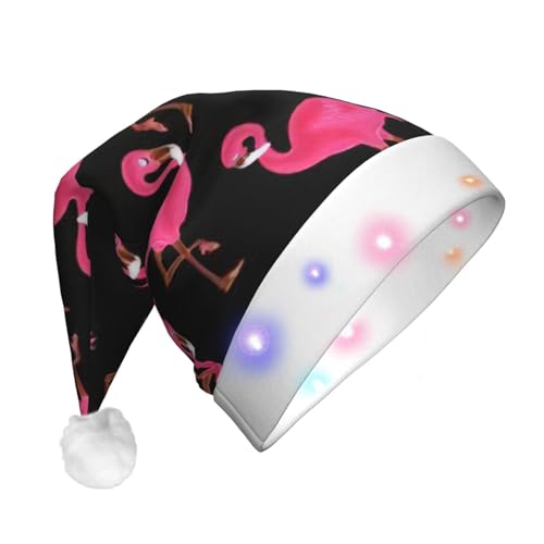 BKDODKS Weihnachtsmütze mit rotem Flamingo-Druck, LED-Weihnachtsmütze, Unisex, für Erwachsene, leuchtende Weihnachtsmannmütze von BKDODKS