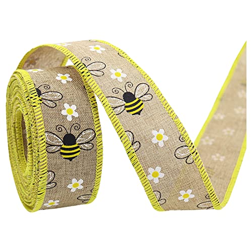 Sonnenblumen-Bienen-Absatz-Knoten-Punkt-kariertes gewelltes Band-Verpackungs-Hochzeitsfeiern-Kränze Diy-Handwerk 4.5M Geschenkpapier Mit Etiketten (Yellow, One Size) von BKSCAYXS
