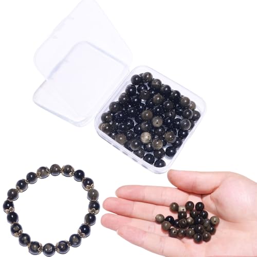 BLAESIFF 100 Stück 8 mm Perlen zum Auffädeln aus Naturstein, runde lose Perlen für DIY Halskette, Armband, Schmuck（Obsidian） von BLAESIFF