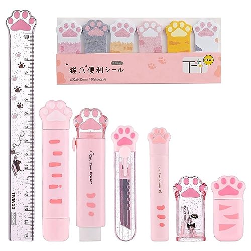 BLASHRD 8-Teiliges Süßes Katzenpfoten-Briefpapier-Set, Kawaii-Schulbedarf, Einschließlich Bleistiftspitzer, Einziehbarer Radiergummi, Wiederverwendbar, Langlebig, Einfach zu Verwenden (Rosa) von BLASHRD