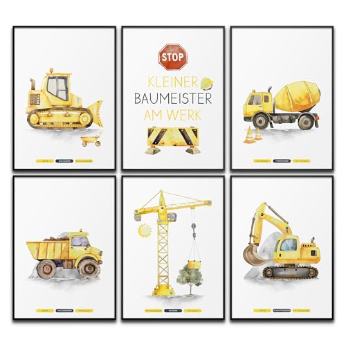 Kleiner Baumeister Poster Set Baufahrzeuge Sensorische Kinderzimmer Bilder Kran Mädchen & Jungen Kipplaster Bagger Bild Baustelle Babyzimmer Deko (Kleine Baumeister | Sensorisch Gelb, 6x DIN A4) von BLCKART