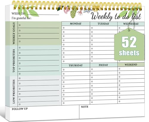 BLESWIN Wochenplaner Block, To do Liste Undatiert 52 Blätter, To Do List Notizblock Spiralgebundene, Weekly Planner Checkliste für Arbeit und Persönliches Organisieren von Aufgaben Grün von BLESWIN