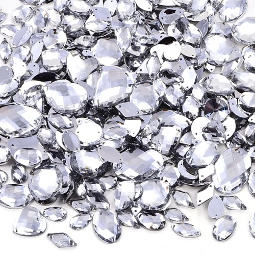 BLINGINBOX 300 Stück Acryl-Strasssteine zum Aufnähen mit flacher Rückseite, Edelsteine mit 2 Löchern, verschiedene Formen und Größen, Schmuck, Edelsteine für Kleidung, DIY, Handwerk, Kleid, Schuhe, von BLINGINBOX