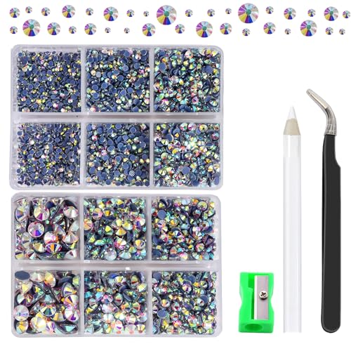 BLINGINBOX Kristall-Hotfix-Strasssteine, 2 Schachteln, insgesamt 6740 Stück, gemischte Größe, runde Glassteine mit flacher Rückseite, mit Pinzette und Picking-Strassstift, Weiß AB von BLINGINBOX