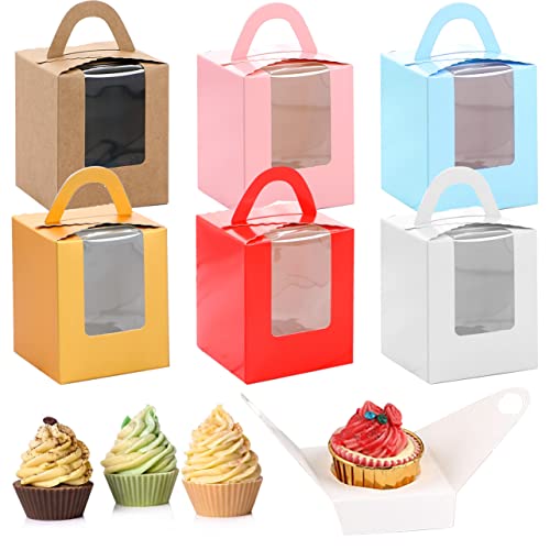 BLLREMIPSUR 24 Stück Einzelne Cupcake-Boxen mit Fenster, Papierschachteln Karton Geschenkboxen, Backwaren-Boxen mit Griffen und Pappeinsätzen, Geschenk-Box für Hochzeit, Geburtstag, Party von BLLREMIPSUR