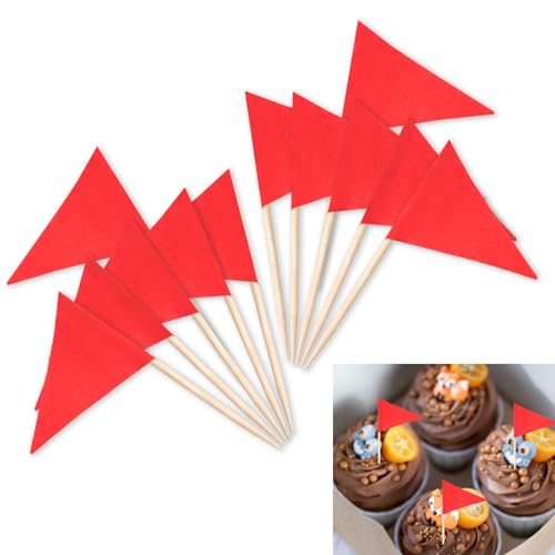 BLMHTWO 100 Stück rote Mini-Flaggen, Zahnstocher-Flaggen, solide rote Golf-Cupcake-Topper, klein, einfarbig, rot, Dreieck, Zahnstocher, Flagge, individuelle Cupcake-Topper für Cupcakes, von BLMHTWO