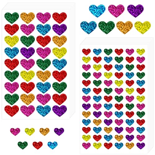 BLMHTWO 1140 Stück Herz Aufkleber, Bunte Sticker Herz Glitzer Selbstklebend Sticker Herzen mit 2 Größen Kinder Belohnungssticker für Umschläge, Scrapbooking, Geschenktüten von BLMHTWO