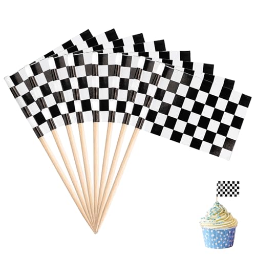 BLMHTWO Cupcake-Topper mit karierter Flagge, Cupcake-Topper, Autos, Cupcake-Topper, karierte Rennflagge, Zahnstocher, schwarz und weiß, Renn-Zahnstocher, Flagge für Party, Cocktail, von BLMHTWO