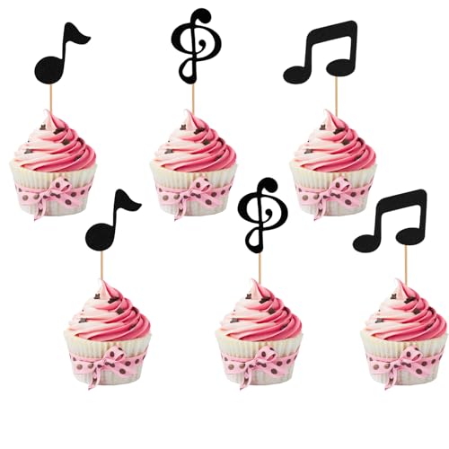 BLMHTWO 24 Stück Music Notes Cupcake Toppers, schwarz Musiknoten Ausschnitte Tortendeko Notenschlüssel Tortendeko für Geburtstag, Party, Hochzeit von BLMHTWO