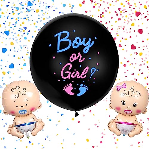 BLOOMWIN Gender Reveal Ballon 91cm/36 Zoll mit Herz Konfetti + Baby Junge und Mädchen Große Folienballons, Boy or Girl Gender Reveal Party Deko Babyparty Rosa und Blau von BLOOMWIN