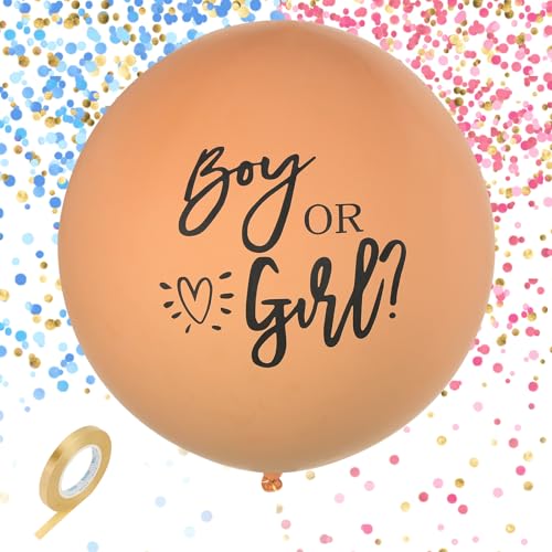 BLOOMWIN Gender Reveal Balloon Beige - Baby Gender Reveal Party Deko Beige Boy or Girl Ballon XXL 91cm Gender Reveal Party Neutral Geschlechtsverkündung Baby Luftballon mit Konfetti Rosa und Blau von BLOOMWIN