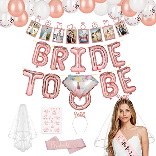 BLOOMWIN Junggesellenabschied Frauen Deko Set Rosegold, Bride To Be Deko JGA Accessoires Frauen Schleier Braut Bride To Be Schärpe Fotobanner Luftballons Folienballons Brautdusche Dekorationen von BLOOMWIN