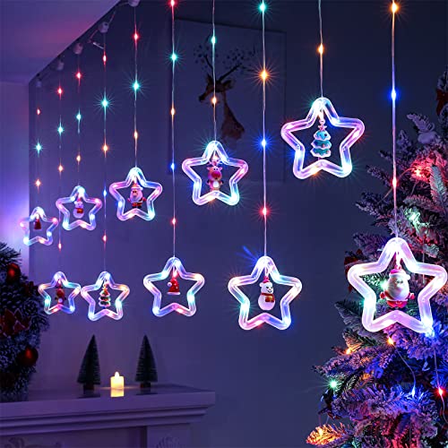 BLOOMWIN Lichterkettenvorhang Fenster Weihnachtsdeko, Sterne Lichtervorhang mit Weihnachtsschmuck, Weihnachtsbeleuchtung Fenster Lichterkette Innen 3m 8 Modi USB Bunt von BLOOMWIN