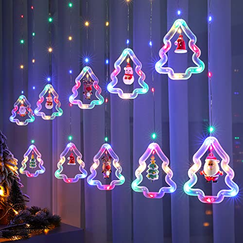 BLOOMWIN Lichterkettenvorhang Fenster Weihnachtsdeko, Weihnachtsbaum Lichtervorhang mit Weihnachtsschmuck, Weihnachtsbeleuchtung Fenster Lichterkette Innen 3m 8 Modi USB Bunt von BLOOMWIN