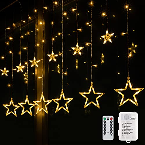 BLOOMWIN Lichtervorhang Fenster Weihnachten Sterne 2m x 1m 138 LEDs Weihnachtsbeleuchtung Innen Fenster Lichterkette Batterie mit Timer Sternenvorhang 12 Sterne Innen Außen Zimmer Balkon, Warmweiß von BLOOMWIN