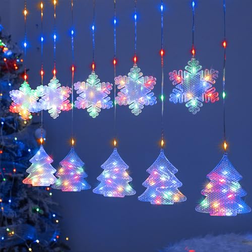 BLOOMWIN Weihnachtsbeleuchtung Fenster Lichtervorhang Innen, 2M 160 LED Weihnachtsdeko Fenster Beleuchtet, Schneeflocken Weihnachtsbaum Lichterkette Deko, Weihnachten Fensterbeleuchtung, Bunt USB von BLOOMWIN