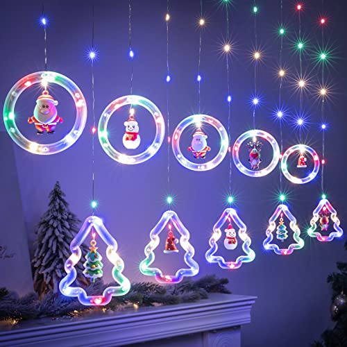 BLOOMWIN Weihnachtsbeleuchtung Lichterkette Fenster Innen, Ring- und Weihnachtsbaum Lichtervorhang mit Weihnachtsschmuck, Lichterkettenvorhang fensterbeleuchtung 3m 8 Modi USB Bunt von BLOOMWIN