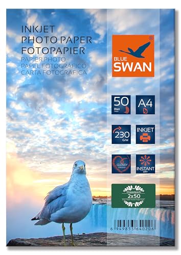 BLUE SWAN 100 Blatt Fotopapier A4,230g/qm, DIN A4 Hochglanz-weiß wasserfest hohe Farbbrillianz,für Inkjet Drucker (Tintenstrahldrucker) von BLUE SWAN