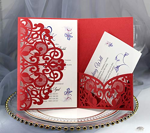 BLUGUL 10 Stück Hochzeit Einladungskarten, Hochzeitskarten, Hollow Floral Design, mit 2 Blanko-Karte, Rot von BLUGUL