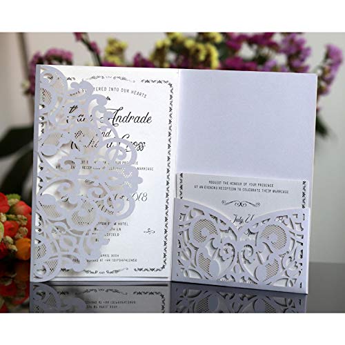 BLUGUL 10 Stück Hochzeit Einladungskarten, Hochzeitskarten, Hollow Floral Design, mit 2 Blanko-Karte, Weiß von BLUGUL