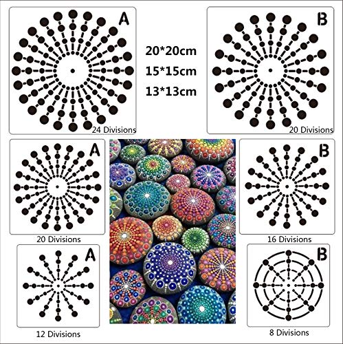 BLUGUL Mandala Schablone, Mandala Dotting Malvorlagen Schablonen, Mandala Rock Punktierung Werkzeuge, für DIY Dekor, Felsen Stein, Airbrush, Felsen und Walls Art, Netz Serie B 6 Stück von BLUGUL