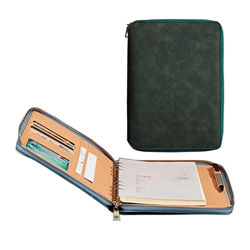 BLUNOA Schreibmappe A5 Konferenzmappe Leder Dokumentenmappe Mit Reißverschluss Geschäfts Organizer Mit Schreibblock Kartenhalter Stifthalter Für Damen Und Herren (Color : Green) von BLUNOA