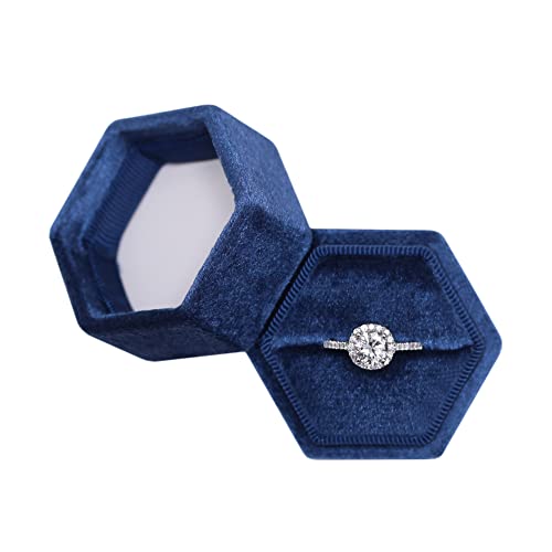 BLUTETE Sechseckige Samt-Schmuckschatulle, für Verlobung, Hochzeit, Erinnerungsbox, Braut-Foto-Ring, Marineblau von BLUTETE