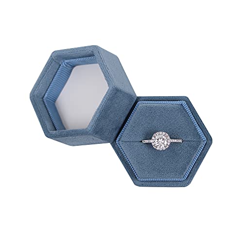 BLUTETE Sechseckige Samt-Schmuckschatulle, für Verlobung, Hochzeit, Erinnerungsbox, Braut-Foto-Ring (Ozeanblau) von BLUTETE