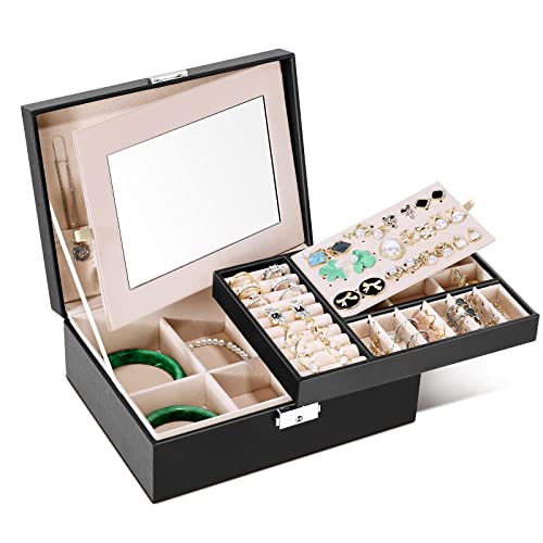 BNEHHOV Schmuckkästchen für Damen PU-Leder Schmuckbox 2 Ebenen großer Kapazität Schmuckschatulle herausnehmbares Tablett Schmuck Organizer Box mit Spiegel und Sperren für Halskette, Ohrring, Ring von BNEHHOV