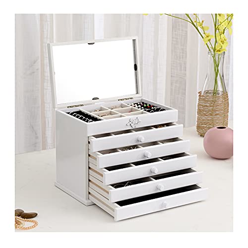 Schmuck-Organizer, große Holz-Schmuckschatulle für Frauen, Organizer-Box/Schrank/Schrank mit Schloss, Schmuckschatulle für Mädchen, Ringkette, 5 Schubladen, für Ringe und Ohren von BNFDIEIOOGIBNNJZS