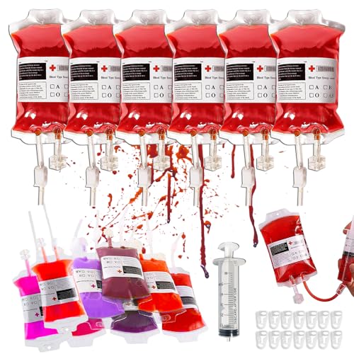 BNGXR Halloween Blutbeutel, 14 Stück Halloween Trinkgefäß Blutbeutel 400ml Infusionsbeutel mit Clip Etiketten Spritze Halloween Blutbeutel Set für Halloween Dekoration Requisit Cosplay Partei von BNGXR