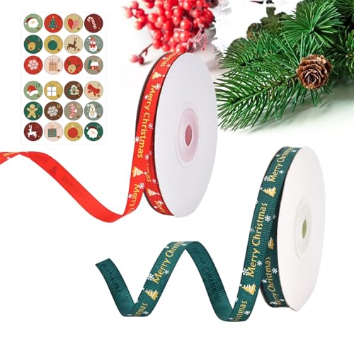 2 Rollen Weihnachtsband+1 Stück Aufkleber Weihnachten, Weihnachtsbänder für Bastelarbeiten, Weihnachten Bänder, Weihnachtsverpackungsband, Dekoband Weihnachten, Weihnachten Geschenkband von BNOYONERAS