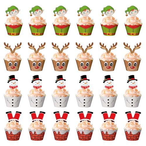 24 Sätze Weihnachten Cupcake Topper und Wrapper Cupcake Topper Weihnachten Cupcake Wrappers Weihnachten Weihnachten Kuchen Tasse Cupcake Deko Papier Schneemann/Weihnachtsmann/Rentier/Elf von BNOYONERAS