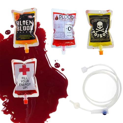 BNOYONERAS Halloween Blutbeutel, Halloween Drink Pouch, Halloween Trinkgefäß, Blutbeutel für Getränke Mit Infusionsschlauch, Halloween Blutbeutel Trinkbeutel, Vampir Themed Party Zubehör, 4 Stück von BNOYONERAS