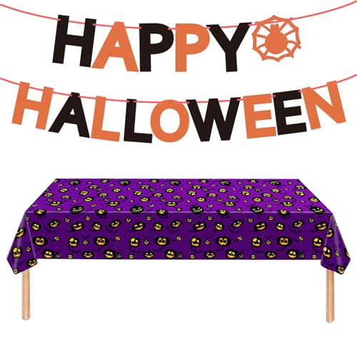 Halloween Kürbis Tischdecke, Tischdecke Halloween Deko, wasserdichte Halloween Tischdecke, Tischdecke Gruseliger Kürbis, Halloween Tischdecke, mit Happy Halloween Banner, für Party Esstisch Dekor von BNOYONERAS