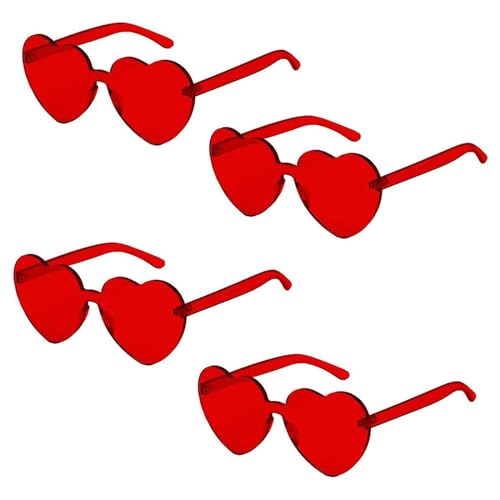 Hippie Herzförmige Brille, Randlose Herz Brille, Herz Sonnenbrille, Retro Herzbrillen, Herzförmige Brille, Retro Partybrille für Strand, Sommer Feste, Fasching, Party, Hippie Zubehör, Rot, 4 Stück von BNOYONERAS