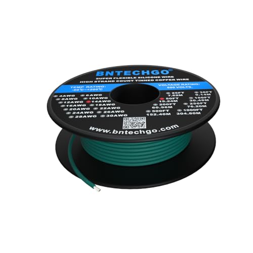 FQQF BNTECHGO 14 Gauge Silicone Wire Spool 50 ft Green Flexible 14 AWG Stranded Tinned Copper Wire von BNTECHGO