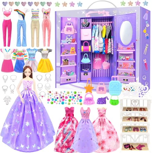 75 Kleidung Schmuck Zubehör für Puppen Kleiderschrank für 11,5 Zoll Puppen Puppenschrank Set mit 1 Puppe Kleider Schuhe Taschen Schuhregal Geschenk Spielzeug für ab 4 5 6 7 8 9 10 Mädchen Jahre von BNUZEIYI