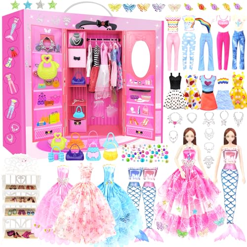 Kleidung Schmuck Zubehör für 11,5 Zoll Puppen mit Kleiderschrank Puppenschrank Set mit Kleider Taschen Schuhregal Geschenk Spielzeug für ab 4 5 6 7 8 9 10 Mädchen Jahre (einschließen Puppe) von BNUZEIYI