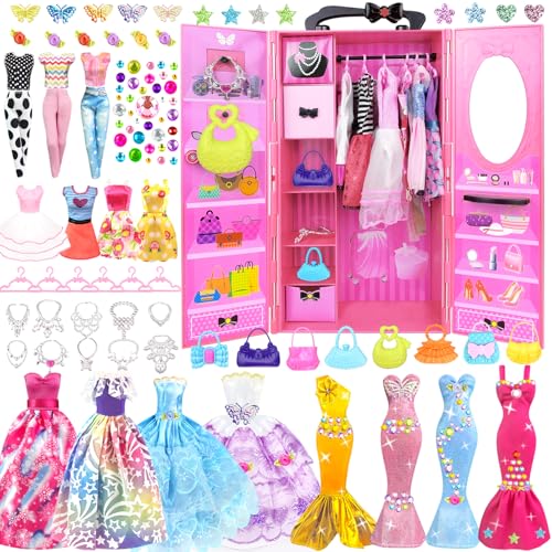 75 Stück kleidung Schmuck Zubehör für Puppen Kleiderschrank für 11,5 Zoll Puppe - Modedesign Puppen Set mit Hochzeitskleid Kleider Outfits Tops und Hosen Taschen Geschenk Spielzeug für Mädchen von BNUZEIYI