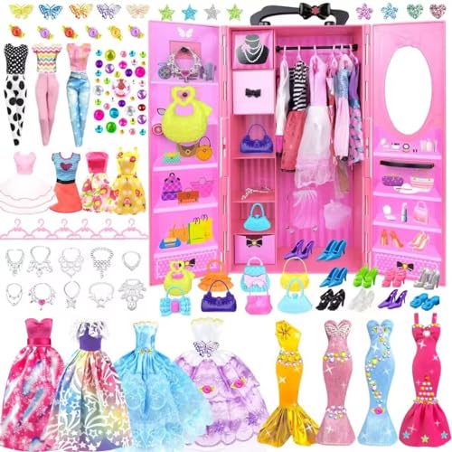 85 Stück kleidung Schmuck Zubehör für Puppen Kleiderschrank für 11,5 Zoll Puppe - Modedesign Puppen Set mit Hochzeitskleid Kleider Outfits Tops und Hosen Schuhe Taschen Geschenk Spielzeug für Mädchen von BNUZEIYI