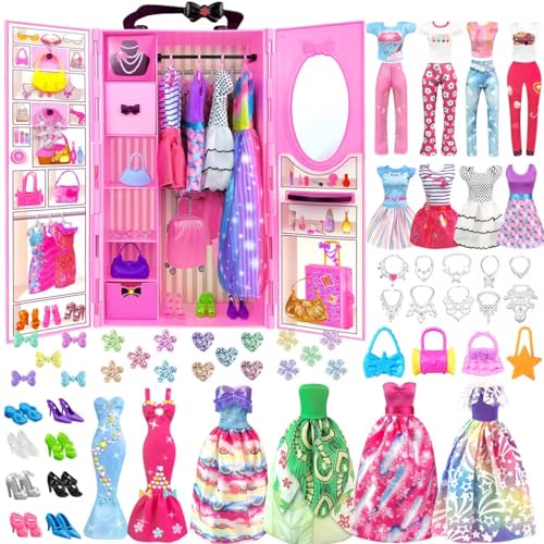 92 Stück Kleidung Schmuck Zubehör für Puppen Kleiderschrank für 11,5 Zoll Puppe - Modedesign Puppen Set mit Hochzeitskleid Mode Kleider Outfits Oberteile und Hosen Schuhe Taschen für Mädchen Geschenk von BNUZEIYI