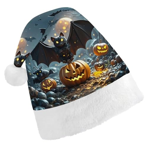 BNVOPTRE Weihnachtsmütze für Erwachsene, Halloween-Fledermaus-bedruckte Weihnachtsmütze, Weihnachtsmütze für Erwachsene, Weihnachtsmann-Totenkopf-Hut von BNVOPTRE