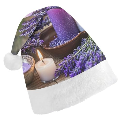 BNVOPTRE Weihnachtsmütze für Erwachsene, Lavendel mit Kerzen, bedruckt, Weihnachtsmütze für Erwachsene, Weihnachtsmann-Totenkopf-Hut von BNVOPTRE