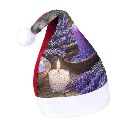 BNVOPTRE Weihnachtsmütze für Erwachsene, Lavendel mit Kerzen, bedruckt, Weihnachtsmütze für Erwachsene, Weihnachtsmann-Totenkopf-Hut von BNVOPTRE