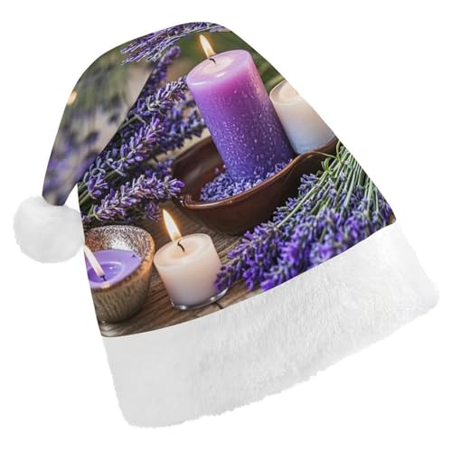 BNVOPTRE Weihnachtsmütze für Erwachsene, Lavendel mit Kerzen, bedruckt, Weihnachtsmütze für Erwachsene, Weihnachtsmann-Totenkopf-Hut von BNVOPTRE