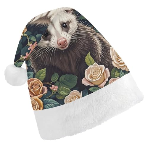 BNVOPTRE Weihnachtsmütze für Erwachsene, Opossum und Rosen, bedruckte Weihnachtsmütze, Weihnachtsmütze für Erwachsene, Weihnachtsmann-Totenkopf-Hut von BNVOPTRE