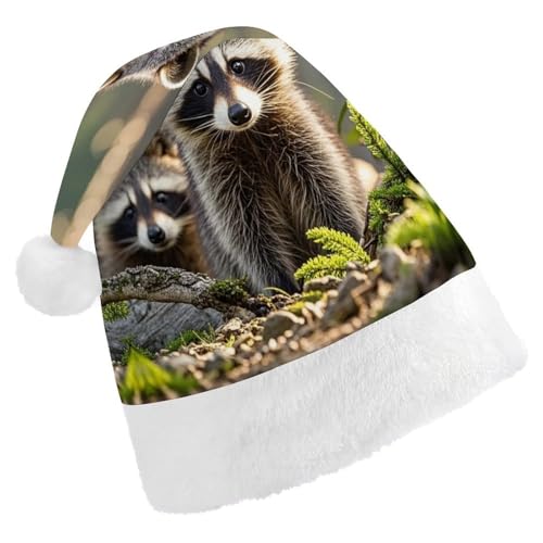 BNVOPTRE Weihnachtsmütze für Erwachsene, Wald-Waschbär-Tiere, bedruckte Weihnachtsmütze für Erwachsene, Weihnachtsmann-Totenkopf-Hut von BNVOPTRE